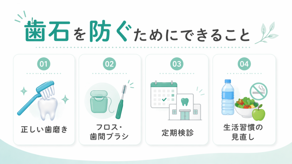 正しい歯磨き・フロス・定期検診・生活習慣改善による歯石予防方法の図