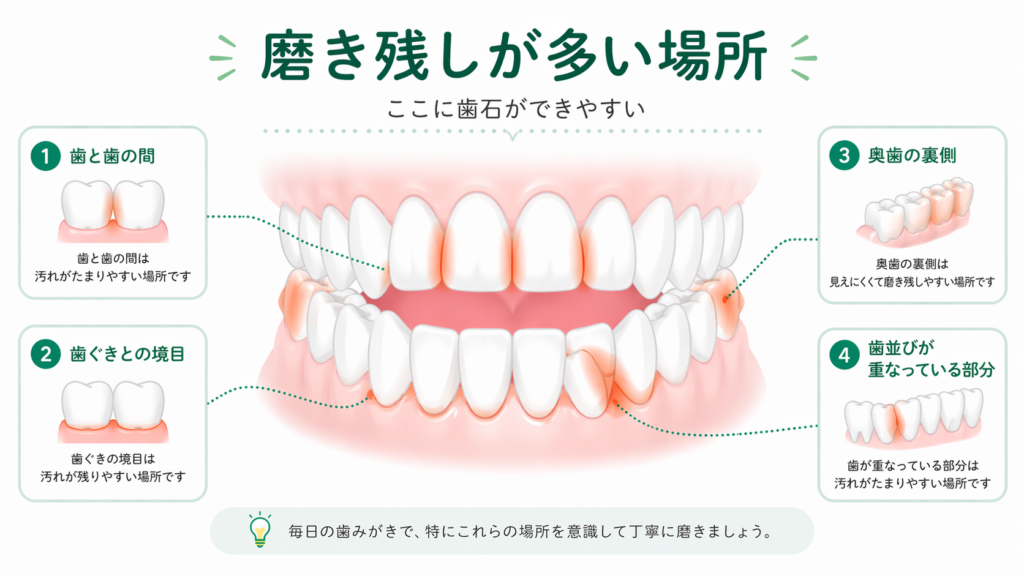 歯と歯の間や歯ぐきとの境目など歯石ができやすい場所を示した図
