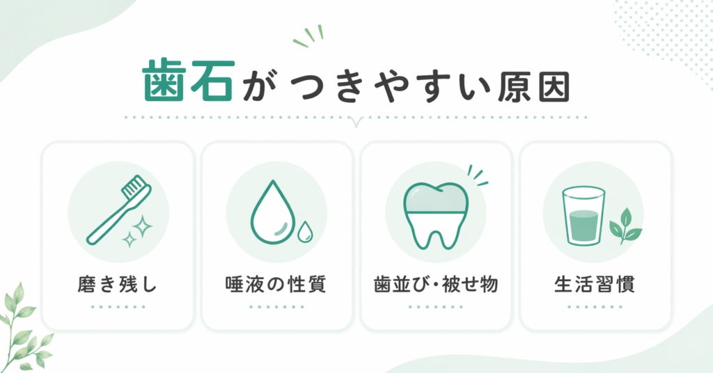歯石の原因である磨き残し・唾液の性質・歯並びや補綴物・生活習慣をまとめた図