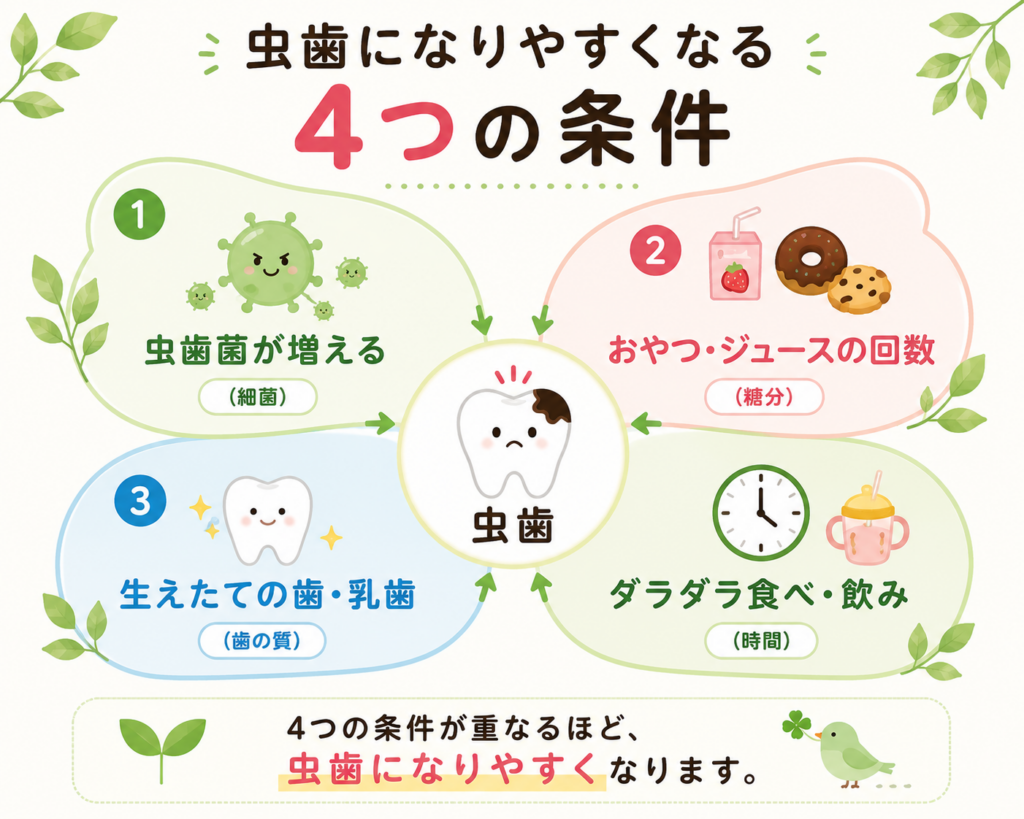 虫歯は細菌・糖分・歯の質・時間の4つの条件が重なることで起こりやすくなることを示した図
