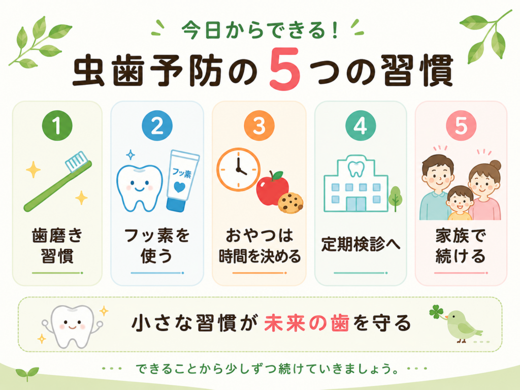 歯磨き・フッ素・おやつの時間・定期検診・家族で続けることの5つの虫歯予防習慣をまとめた図