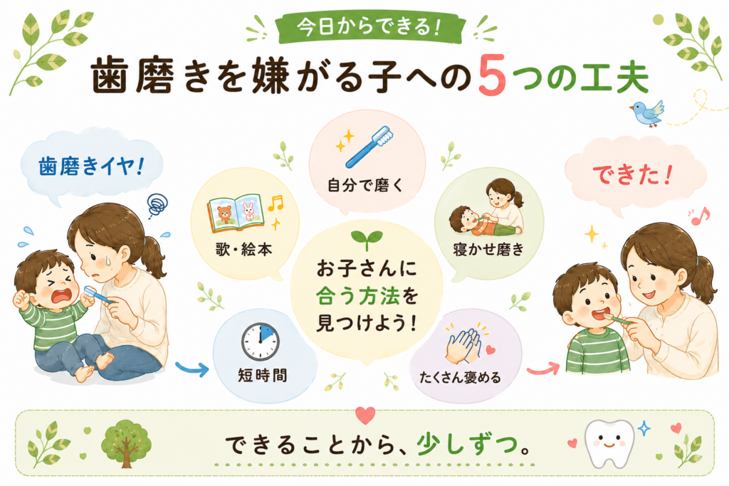 子どもが歯磨きを嫌がるときに家庭でできる5つの工夫をまとめた図解