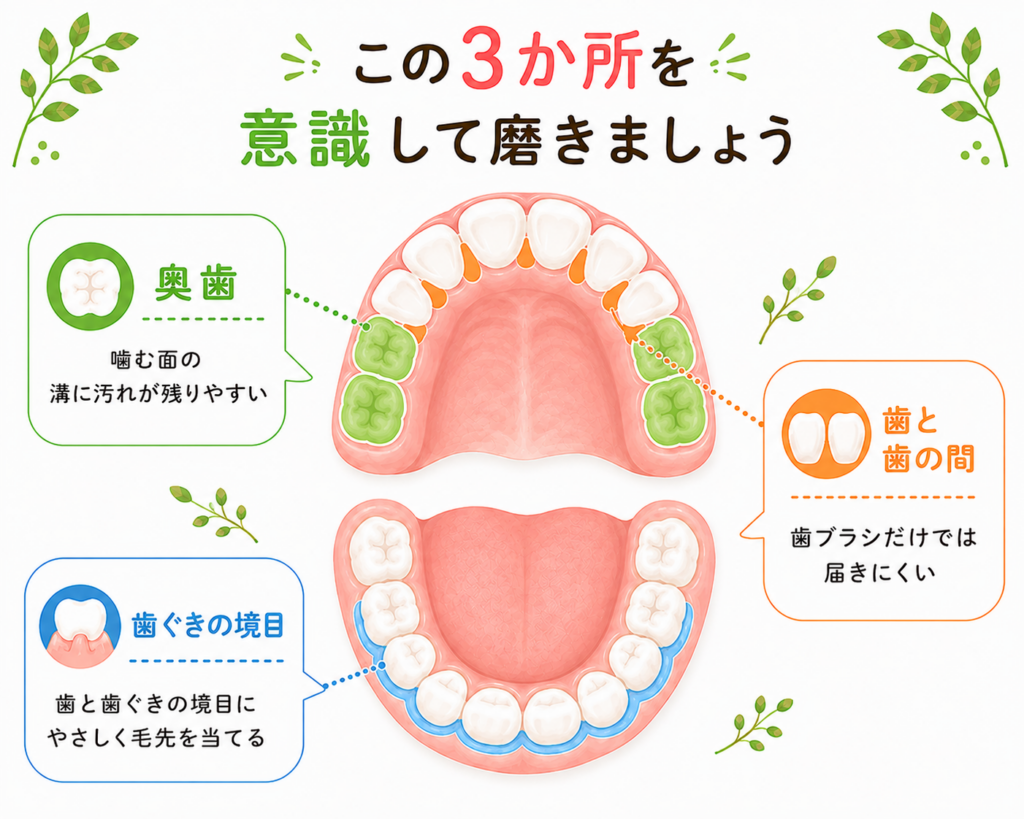 奥歯・歯と歯の間・歯ぐきの境目など、子どもの虫歯になりやすい場所を示した図解