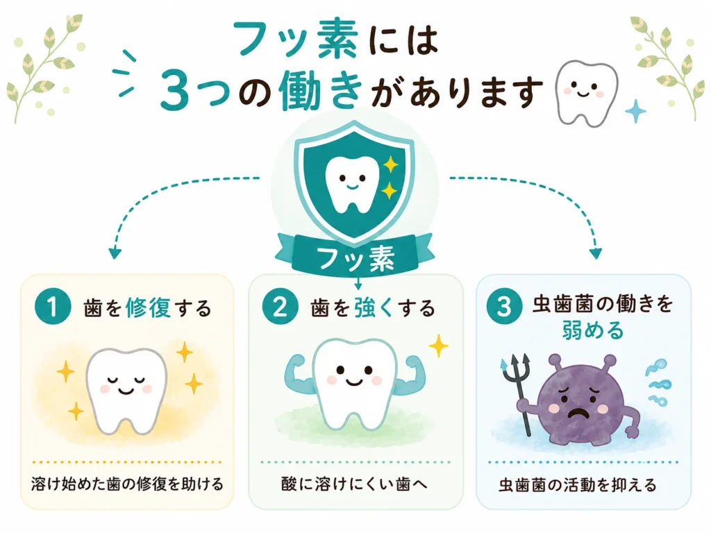 フッ素の3つの働き(歯の修復・歯を強くする・虫歯菌の働きを弱める)を説明した図解