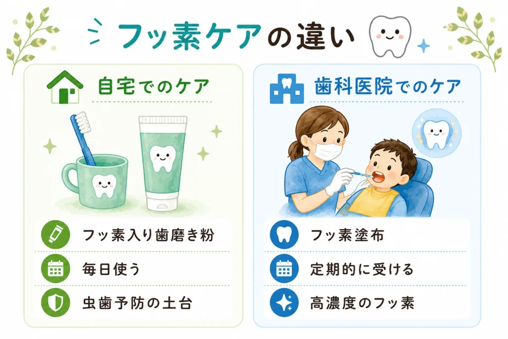 自宅でのフッ素ケアと歯科医院でのフッ素塗布の違いを比較した図解