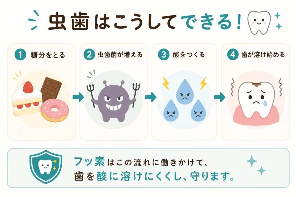 虫歯ができる流れを糖分・虫歯菌・酸・歯の脱灰の4段階で説明した図解
