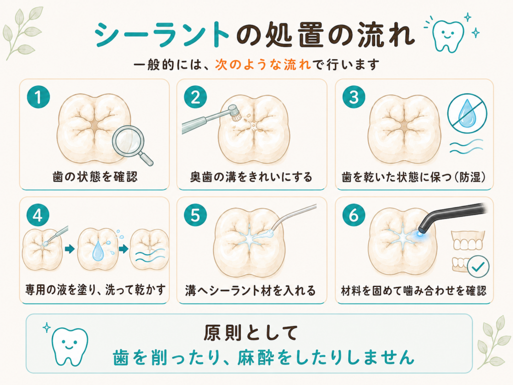 歯の確認と清掃から防湿、専用液の塗布、シーラント材の充填、光照射、噛み合わせ確認までの流れ